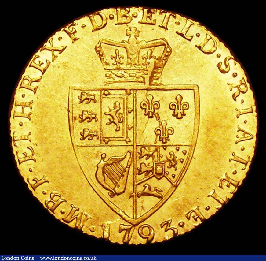 London Coins : A157 : Lot 2279 : Guinea 1793 S.3729 NEF and lustrous with a small striking flaw on the shield
