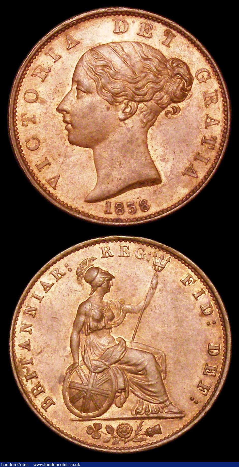 London Coins : A157 : Lot 3531 : Penny 1858 Small Date, WW on truncation Peck  1517 EF with traces of lustre, Halfpenny 1838 Peck 152...