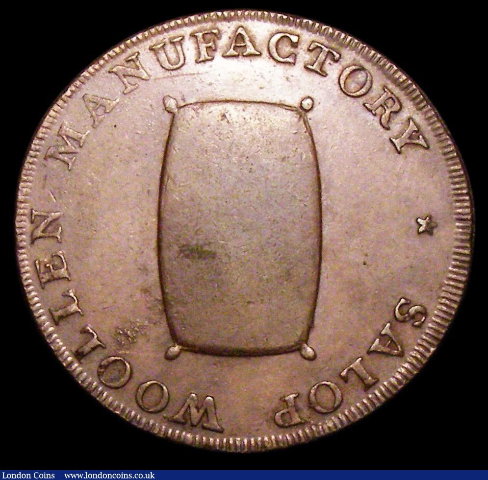London Coins : A157 : Lot 817 : Halfpenny 18th Century Anglesey undated mule Withers 427 Reverse Woolsack, SALOP WOOLLEN MANUFACTORY...