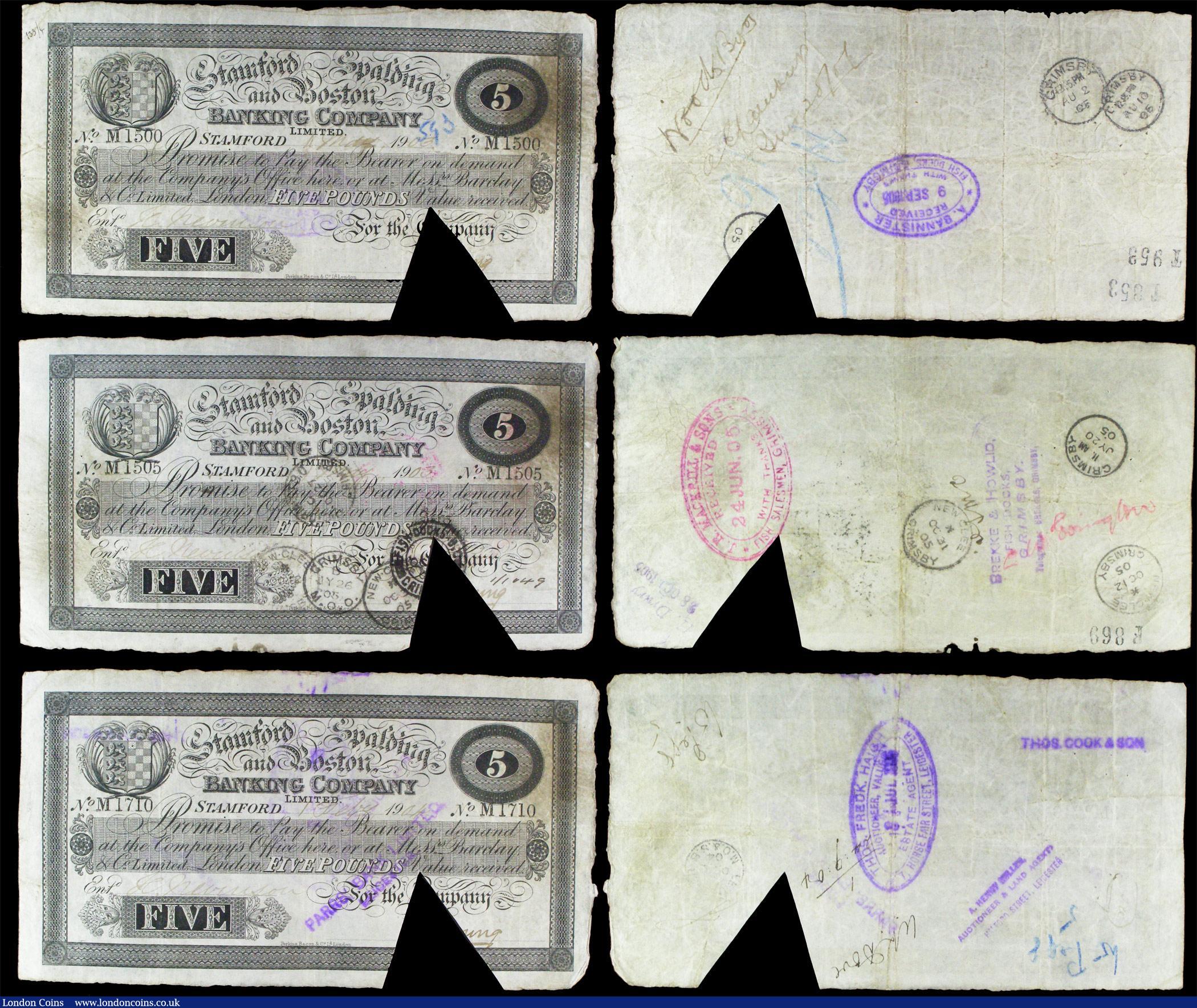 London Coins : A157 : Lot 87 : Stamford, Spalding and Boston Banking Company &pound;5 (6) dates range from 1901 to 1904, triangular...