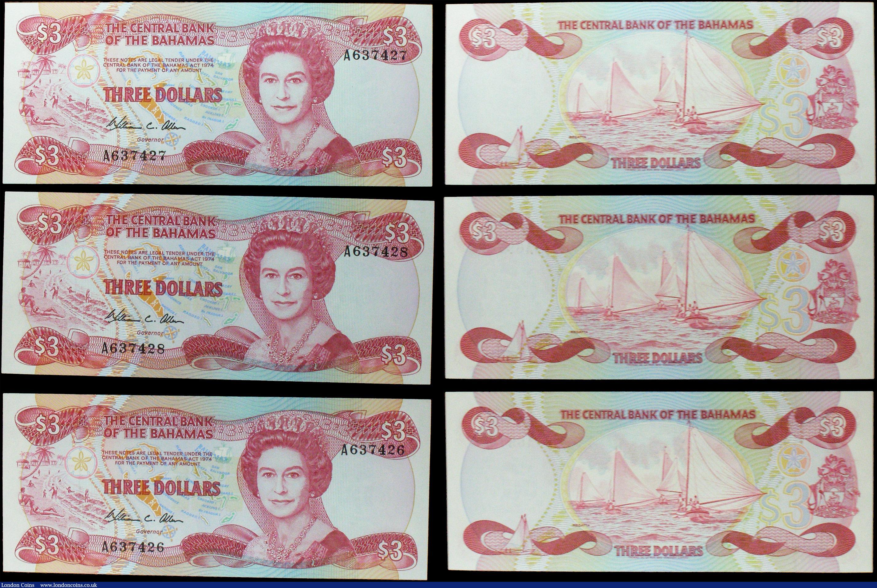London Coins : A157 : Lot 98 : Bahamas Central Bank $3 (5) issued 1984, includes a consecutive trio, first series A, signed Allen, ...