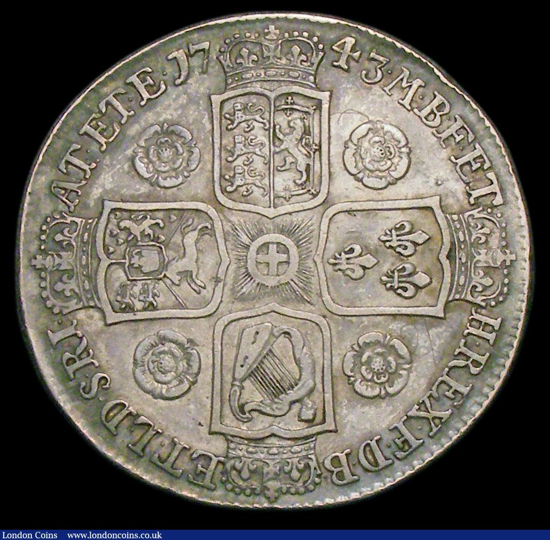 London Coins : A158 : Lot 1809 : Crown 1743 Roses ESC 124 Nearer VF than Fine with some thin scratches visible on the obverse under m...