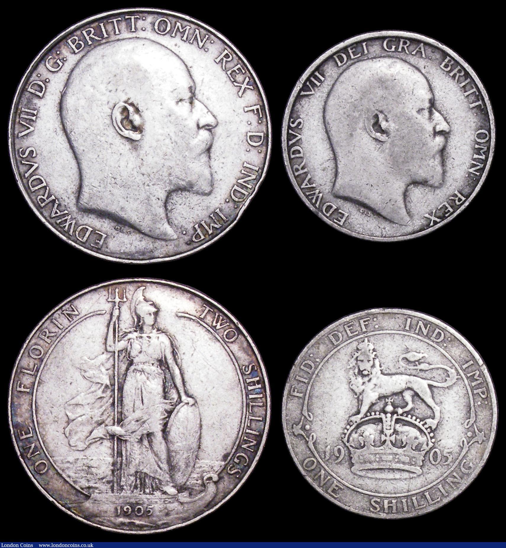London Coins : A158 : Lot 2242 : Halfcrown 1903 ESC 748 NVG, Florin 1905 ESC 923 Near Fine with some edge knocks, Shilling 1905 ESC 1...