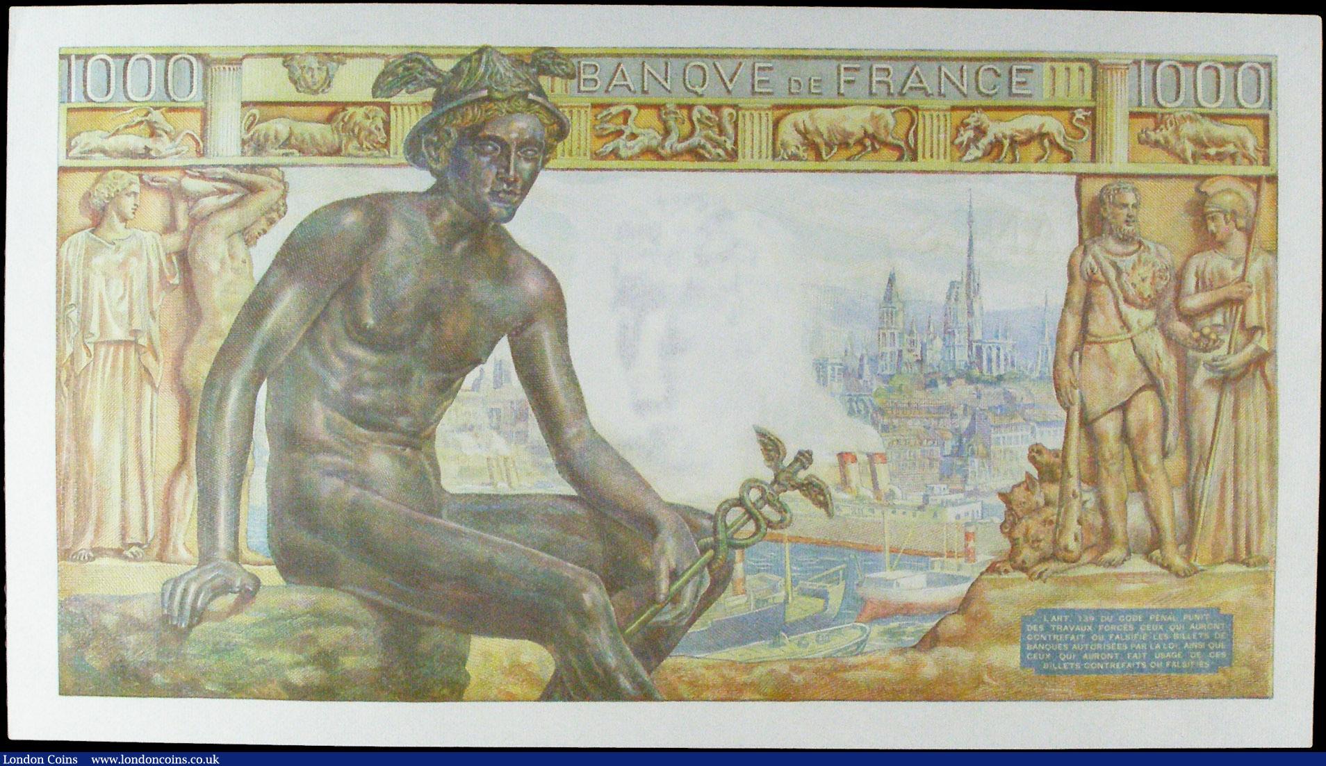 London Coins : A158 : Lot 269 : France 1000 Francs dated 29 - 4 - 1943 series Z.5013 937, Pick102, usual ripples in paper, about UNC...