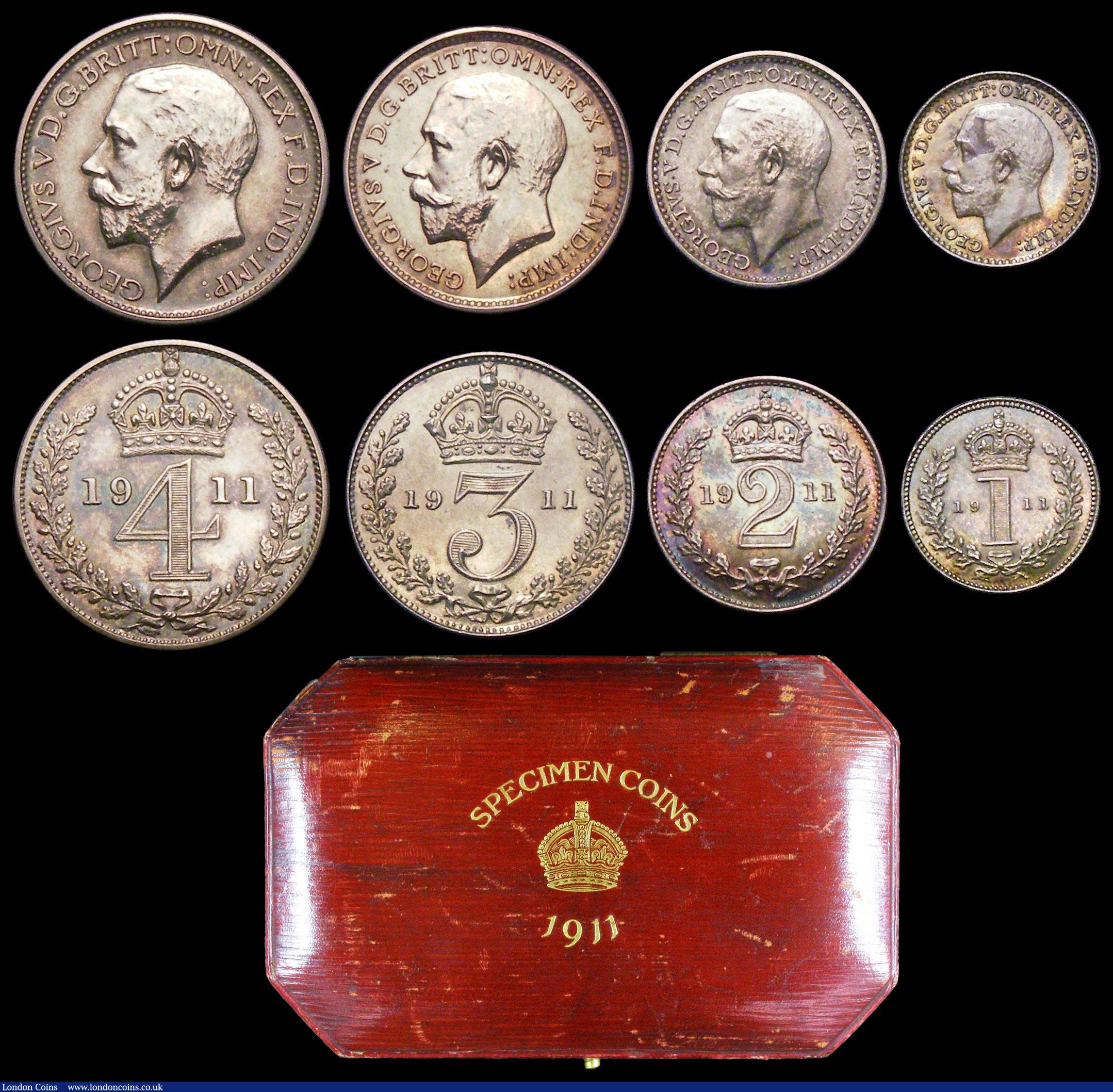 London Coins : A158 : Lot 630 : Proof Set 1911 the 8-coin silver set Halfcrown - Maundy Penny UNC to nFDC with matching tone, and a ...