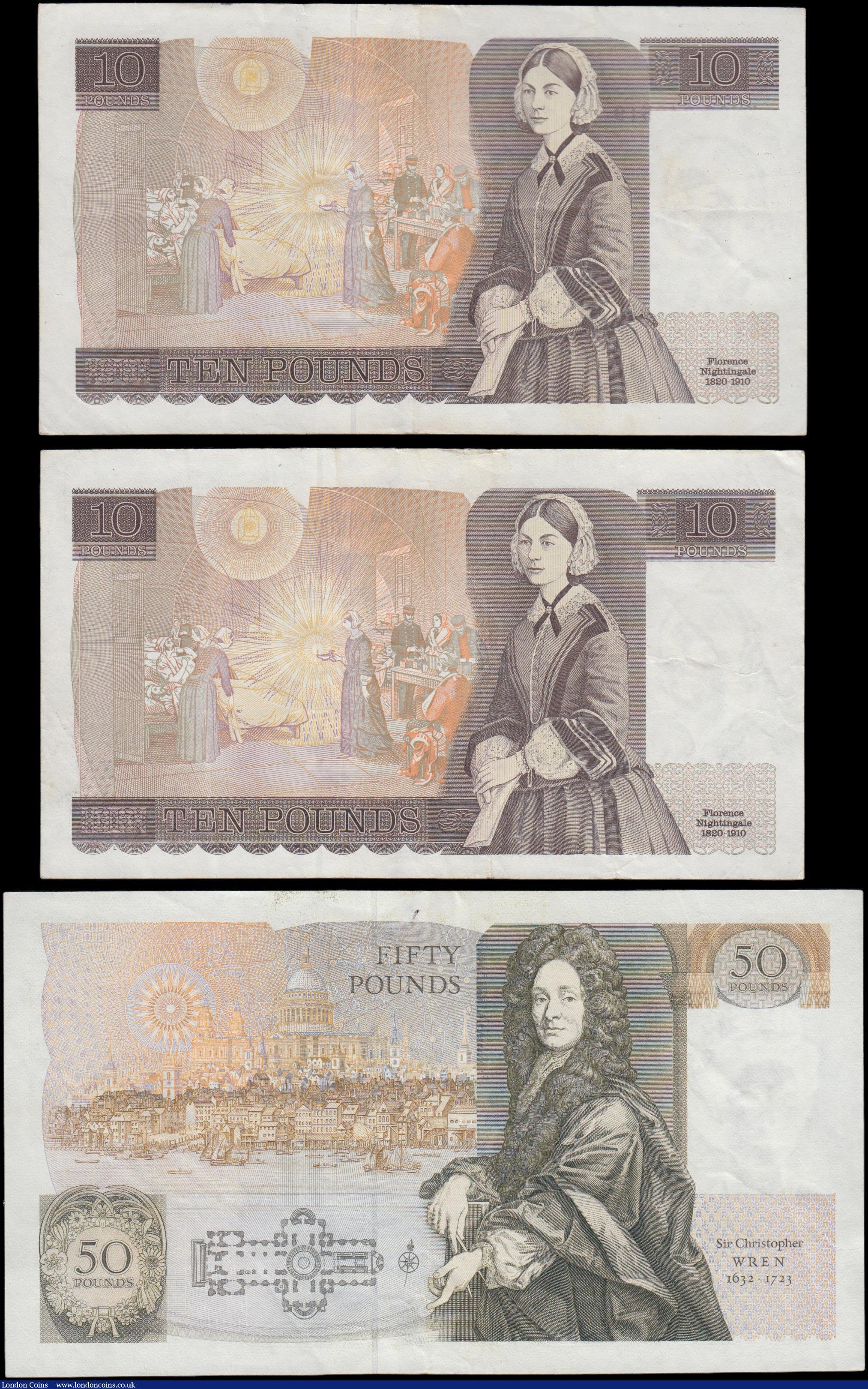 London Coins : A159 : Lot 1527 : Bank of England Kentfield (3) 50 Pounds B361 series E04 790347 issued 1991, VF, 10 Pounds B360 (2) s...