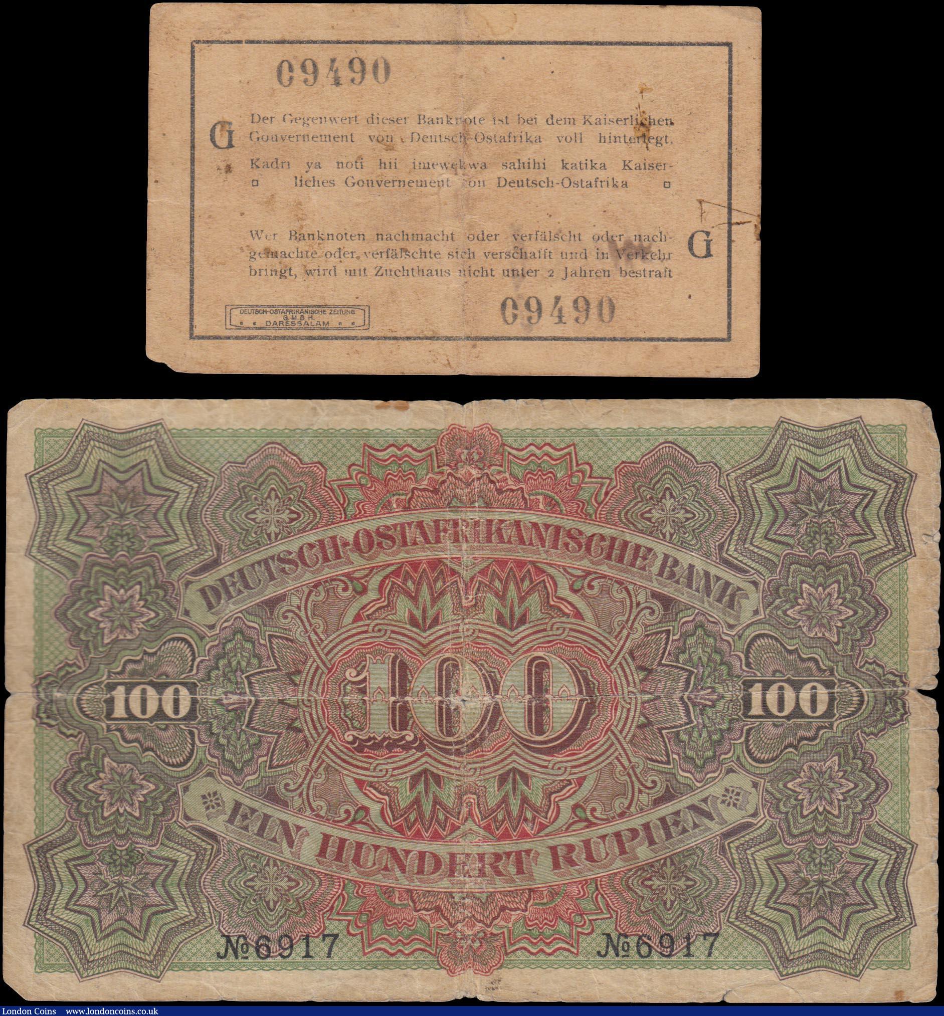 London Coins : A159 : Lot 1692 : German East Africa (2) 100 Rupien dated 15th June 1905 series No.6917, Kaiser Wilhelm portrait at ce...