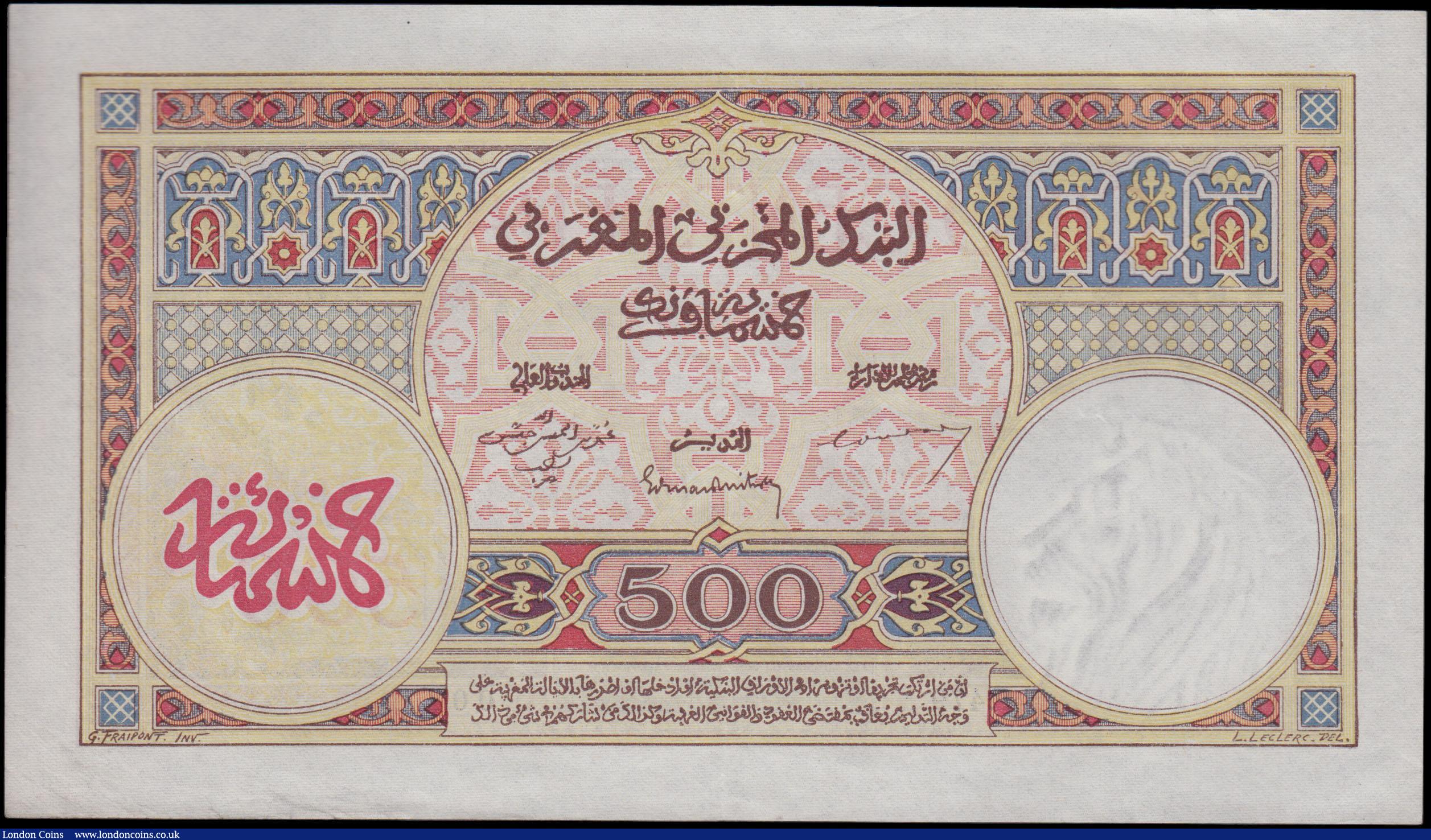 London Coins : A159 : Lot 1812 : Morocco 500 Francs last date of issue 10th November 1948, series P.479 007, view of city of Fez, (Pi...