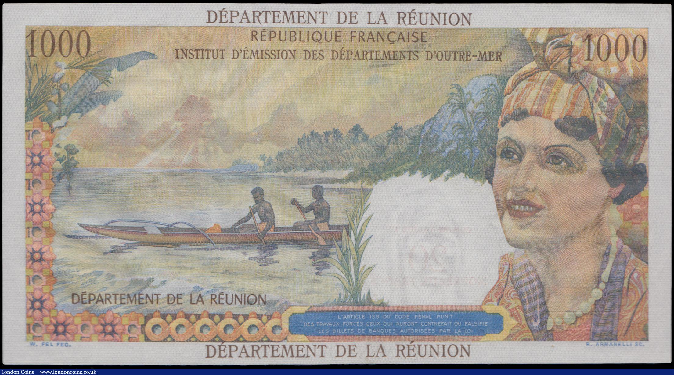 London Coins : A159 : Lot 1840 : Reunion 20 New Francs overprint on 1000 francs issued 1971 series E.3 19895, signature type 2, (Pick...