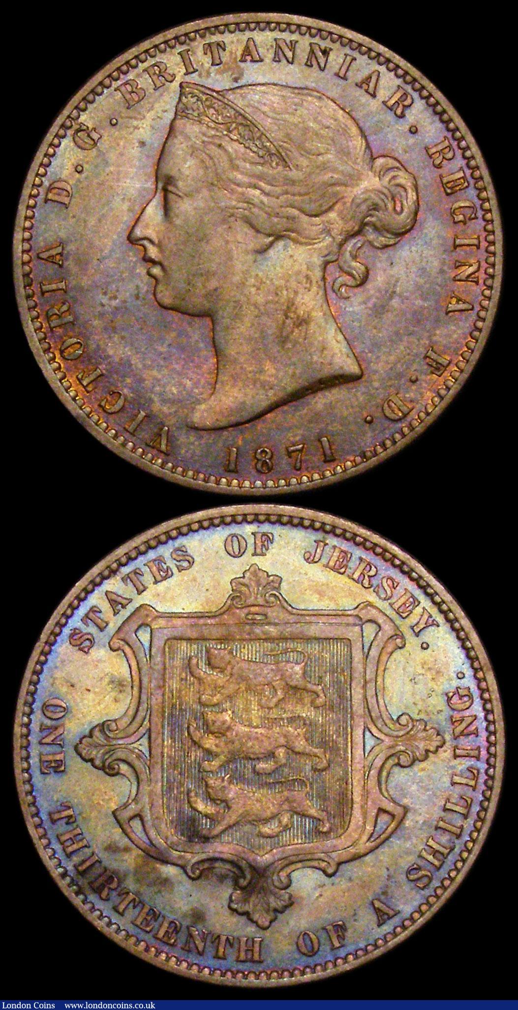 London Coins : A159 : Lot 3264 : Jersey 1/13th Shilling (2) 1870 KM#5 EF toned, 1871 KM#5 EF the reverse with some small tone spots 