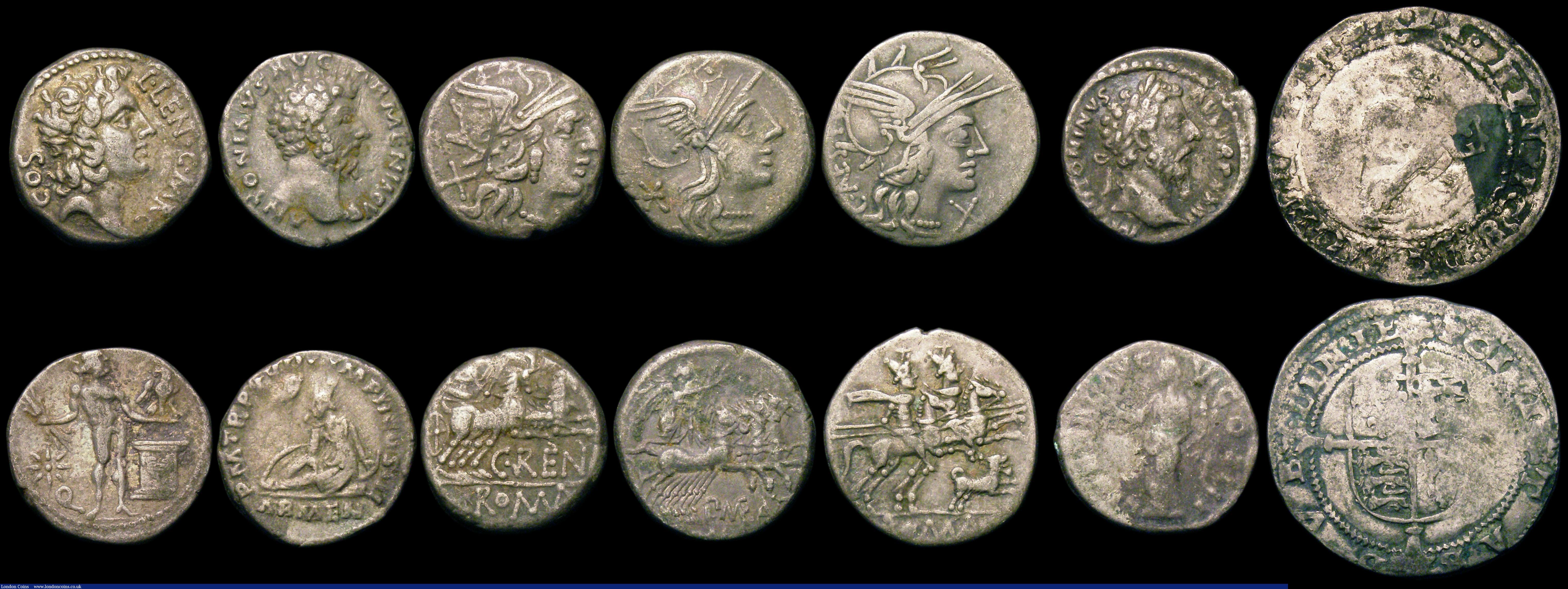 London Coins : A159 : Lot 571 : A small group of mixed ancients.  Mostly Roman silver denarius from the Republic through to the 4th ...