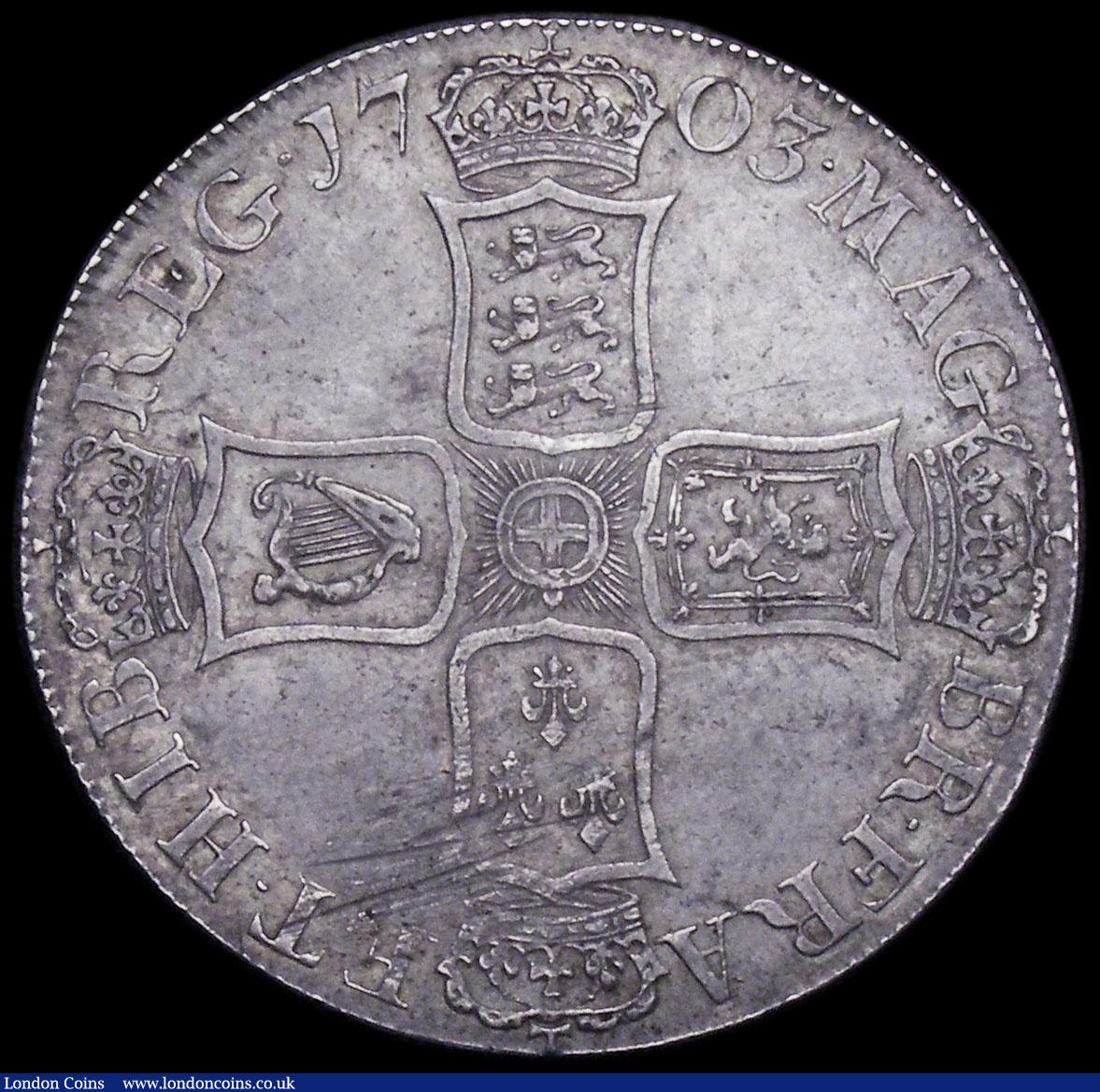 London Coins : A159 : Lot 683 : Crown 1703 VIGO as ESC 99 with R over lower R in TERTIO, NEF evenly toned with some adjustment marks