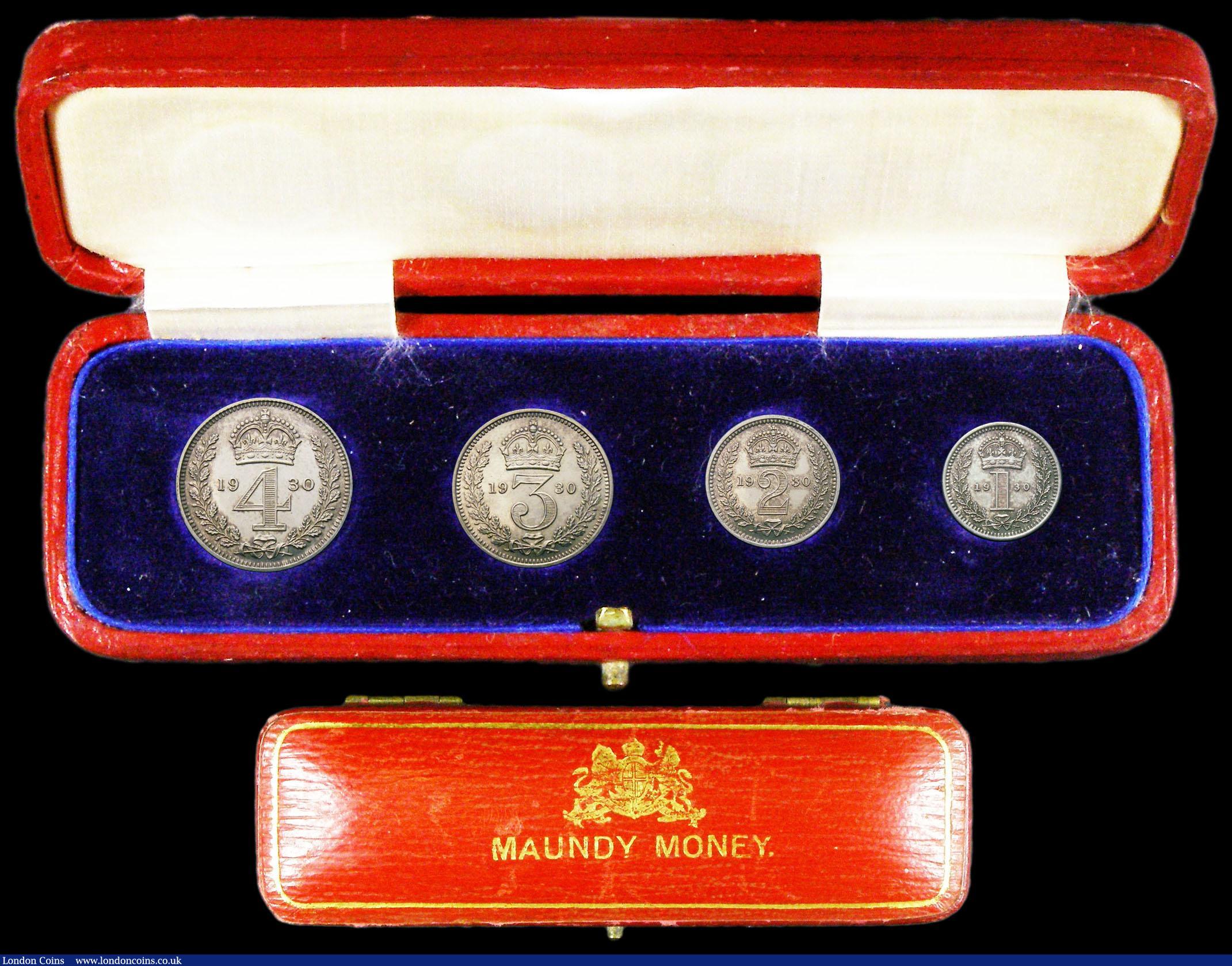 London Coins : A159 : Lot 917 : Maundy Set 1930 ESC 2547 GEF to UNC the Fourpence with an edge nick, in a long red Maundy Money case...