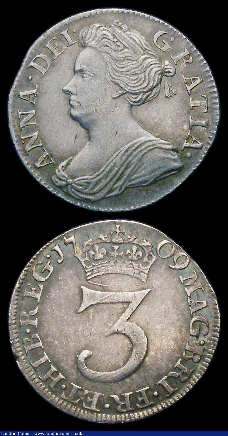 London Coins : A159 : Lot 992 : Maundy Threepences (2) 1708 ESC 2011 NEF, 1709 ESC 2012 GVF with a slight flattening and small to th...