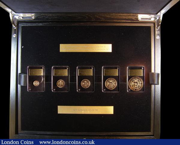 Gibraltar a 5-coin set 2016 Queen Elizabeth II 90th Birthday Gold Piedforts comprising Five Pounds, Two Pounds, Sovereign, Half Sovereign and Quarter Sovereign all Gold Proof Piedforts FDC in the impressive large box of issue with certificates, the issue limited to 90 sets, accompanied by plaque, hardback book and magnifier : World Cased : Auction 159 : Lot 272
