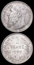 London Coins : A159 : Lot 3025 : Belgium One Franc (2) 1904 French legend, period in signature KM#56.1 EF with pleasing tone, 1909 Fr...