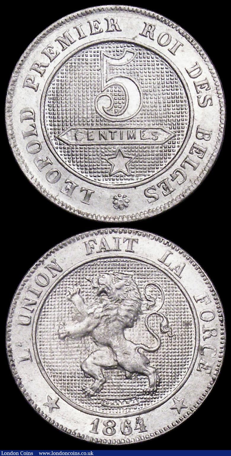 London Coins : A160 : Lot 1024 : Belgium (2) 5 Centimes 1864 KM#21 UNC and lustrous with golden tone, scarce, 10 Centimes 1864 KM#22 ...