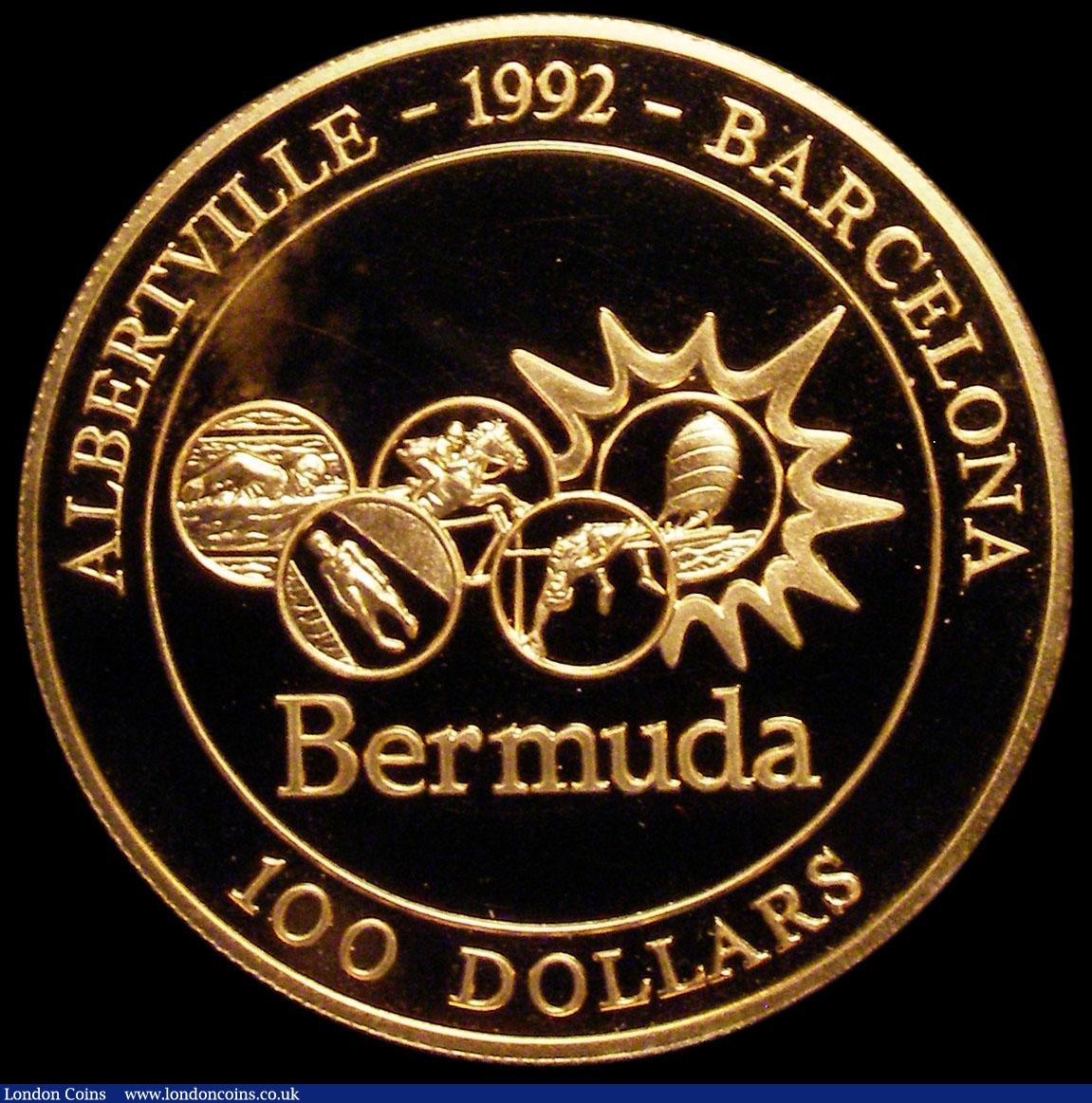 London Coins : A160 : Lot 1029 : Bermuda 100 Dollar 1992 Barcelona Olympic Games Gold Proof 47.54 grammes of 22 carat gold, KM#80 nFD...