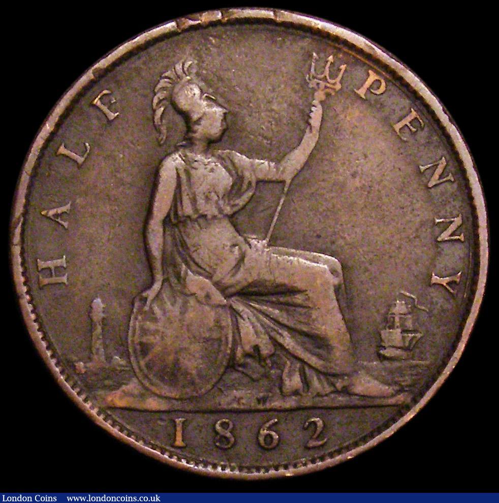 London Coins : A160 : Lot 2287 : Halfpenny 1862 Die Letter B Freeman 288 dies 7+E VG the reverse a little better, in our experience t...
