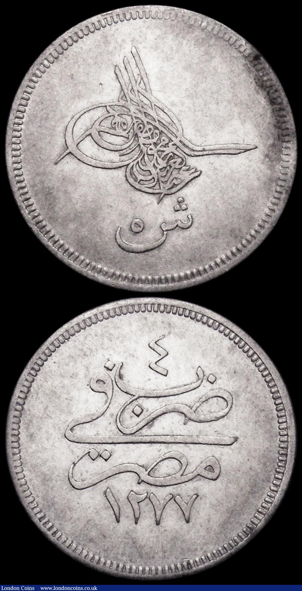 London Coins : A160 : Lot 3180 : Egypt 5 Qirsh AH1277/4 (1863) KM#253.1 Good Fine, Iran 5 Rials SH1323 (1944) KM#1145 Lustrous UNC