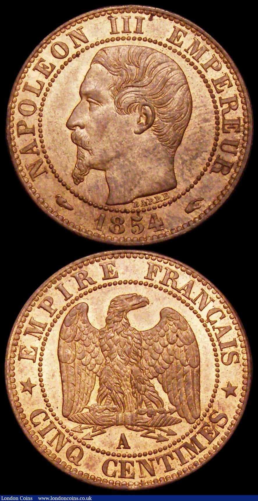 London Coins : A160 : Lot 3194 : France (2) 10 Centimes 1864BB KM#798.2 UNC or near so, 5 Centimes 1854A KM#777.1 UNC with around 40%...