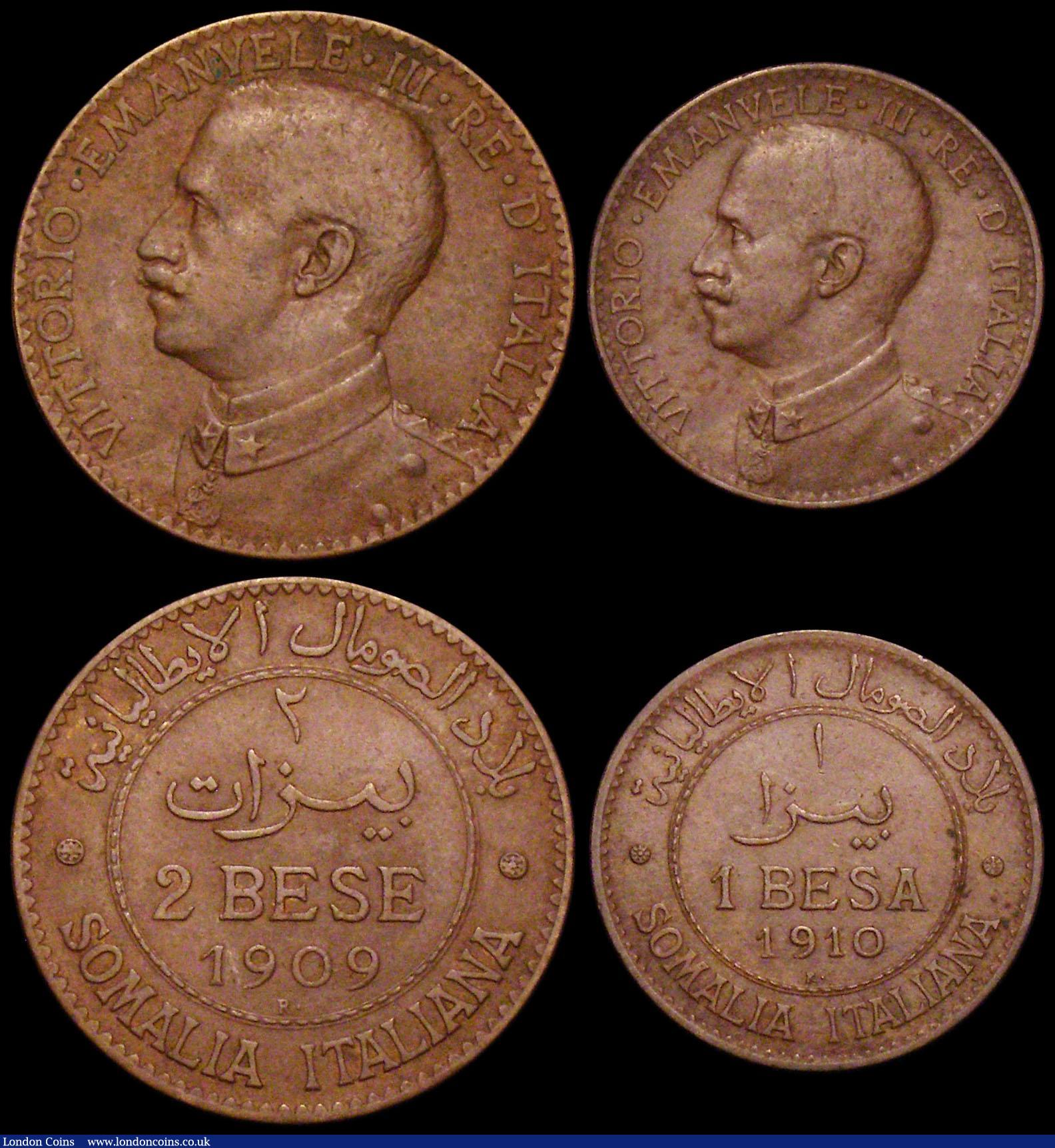 London Coins : A160 : Lot 3305 : Italian Somaliland (3) 4 Bese 1909R KM#3 VF, 2 Bese 1909R KM#2 NVF, 1 Bese 1910R KM#1 About VF, all ...