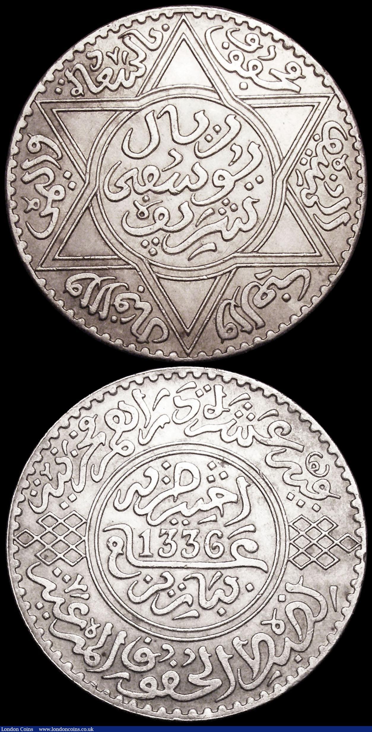 London Coins : A160 : Lot 3372 : Morocco Rial (10 Dirhams) (2) AH1331 (1913) Pa Y#33 EF or better with a small tone spot, AH1336 (191...