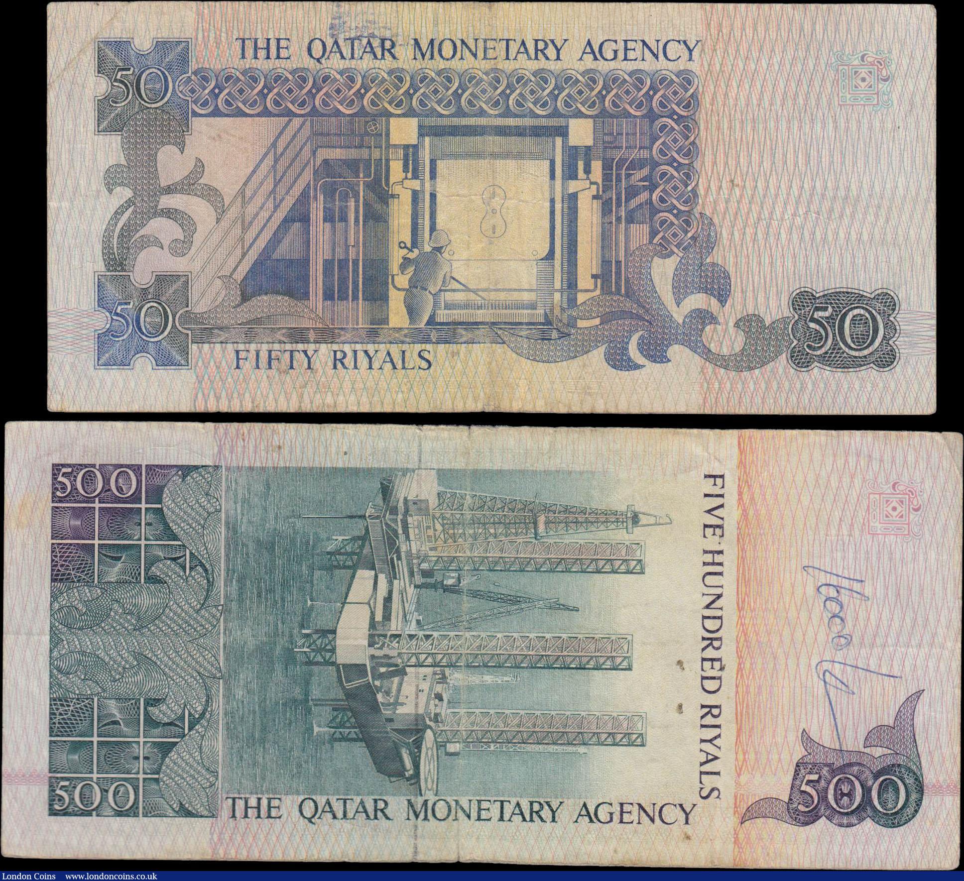 London Coins : A160 : Lot 494 : Qatar (2), 500 Riyals issued 1980's second series, (Pick12) small edge tear at top and bottom o...