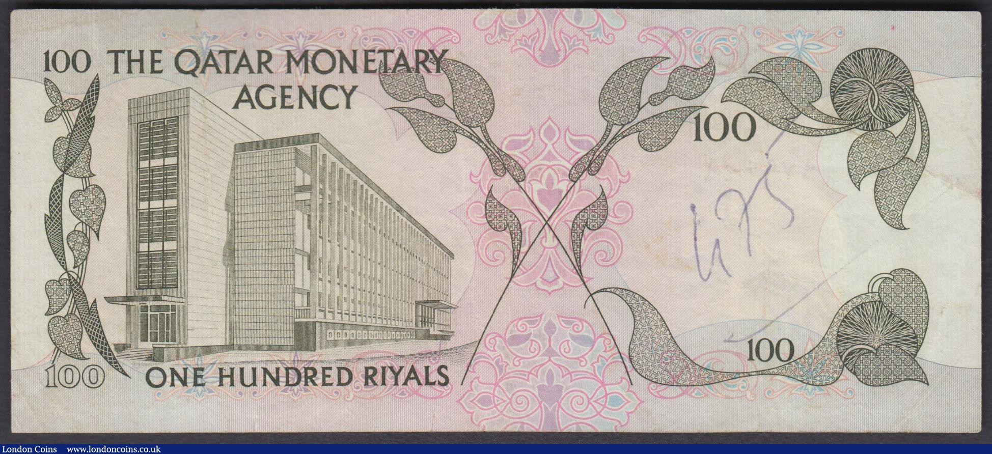 London Coins : A160 : Lot 496 : Qatar Monetary Agency 100 Riyals first series 1973 series A/1 979049, (Pick5), 3 small edge tears, i...