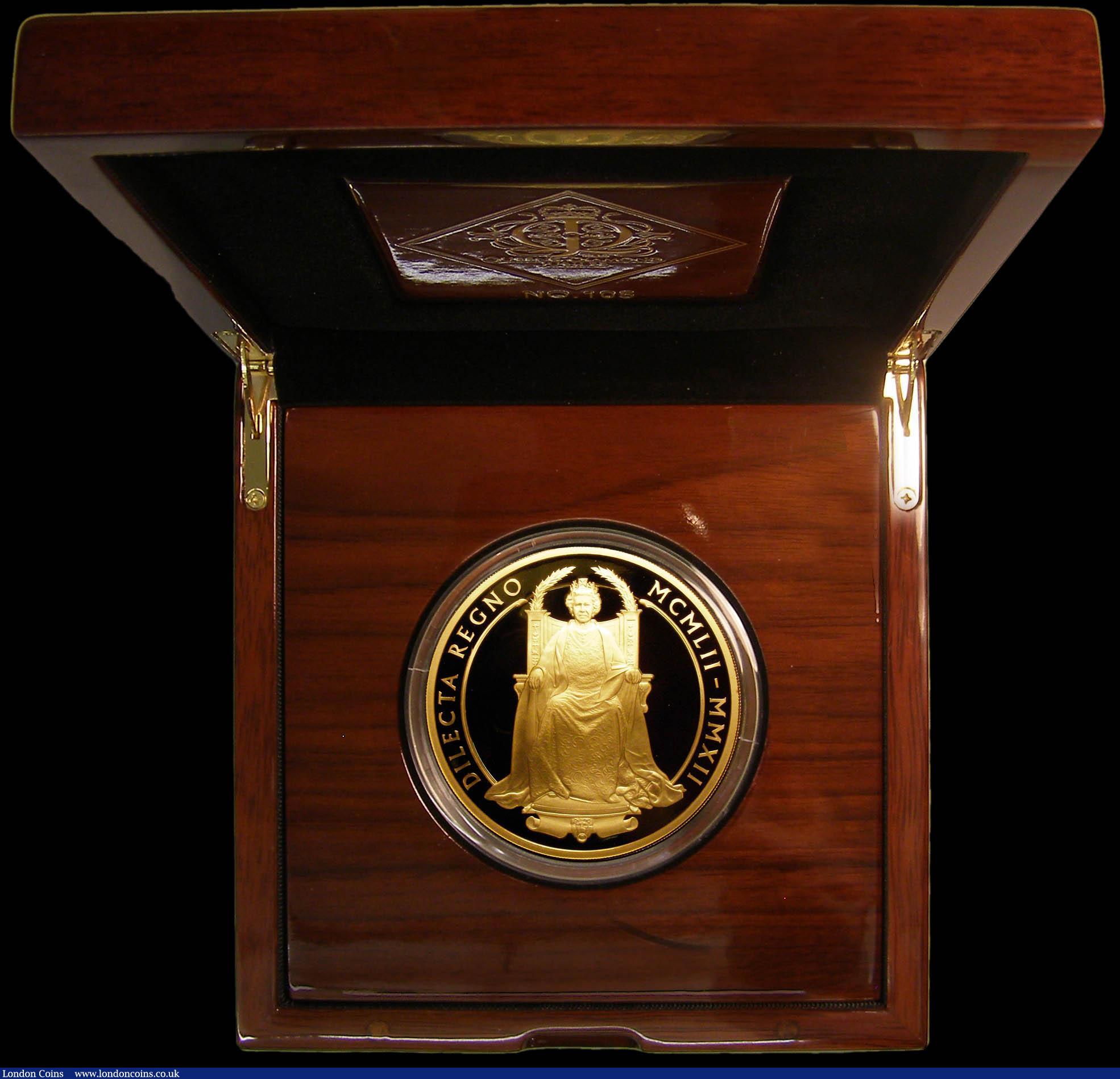 London Coins : A160 : Lot 765 : Ten Pounds 2012 The Queen's Diamond Jubilee 5oz. Gold Proof FDC in the wooden box of issue with...