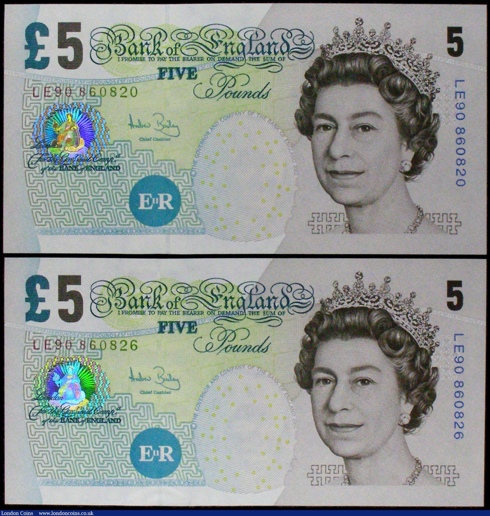 Five Pounds Bailey B398 (2), scarce LAST RUN notes series LE90 86082 ...