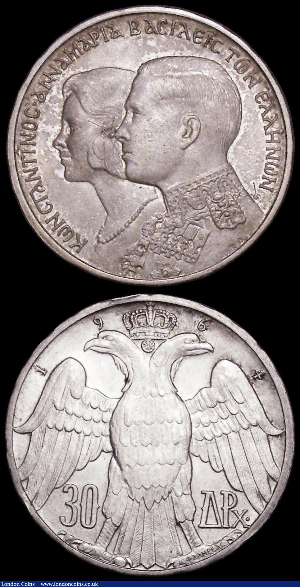 London Coins : A161 : Lot 1078 : Australia Crown 1938 KM#34 GVF the obverse with contact marks, Greece 30 Drachmai 1964 Constantine a...