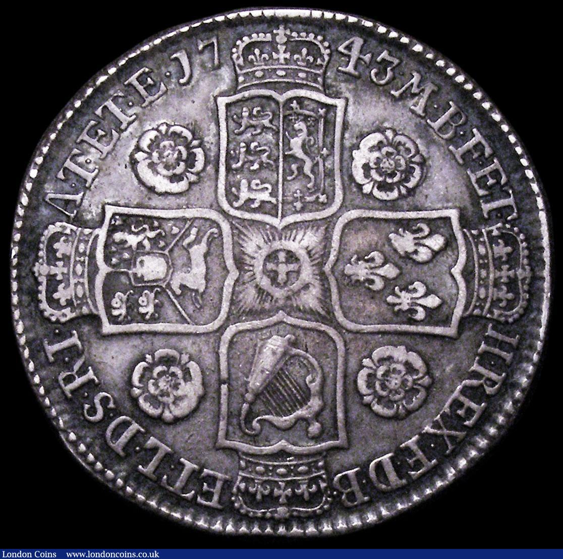 London Coins : A161 : Lot 1718 : Halfcrown 1743 U for V in GEORGIVS ESC 603A, Bull 1684 Fine, the reverse slightly better