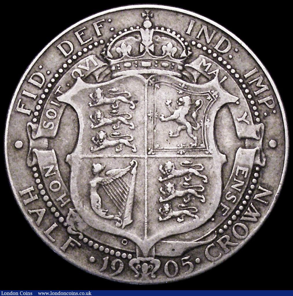 London Coins : A161 : Lot 1755 : Halfcrown 1905 ESC 750, Bull 3571 the obverse a Bold Fine, the Reverse near Fine as the I of HONI an...
