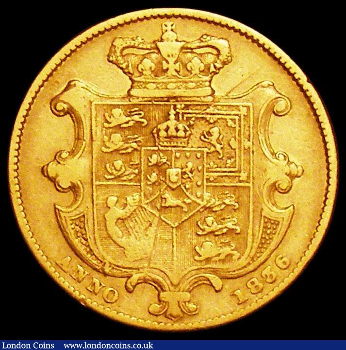 London Coins : A161 : Lot 1945 : Sovereign 1836 N of ANNO struck in shield Marsh 20A, S.3829B, VG/Fine, the reverse with some thin sc...