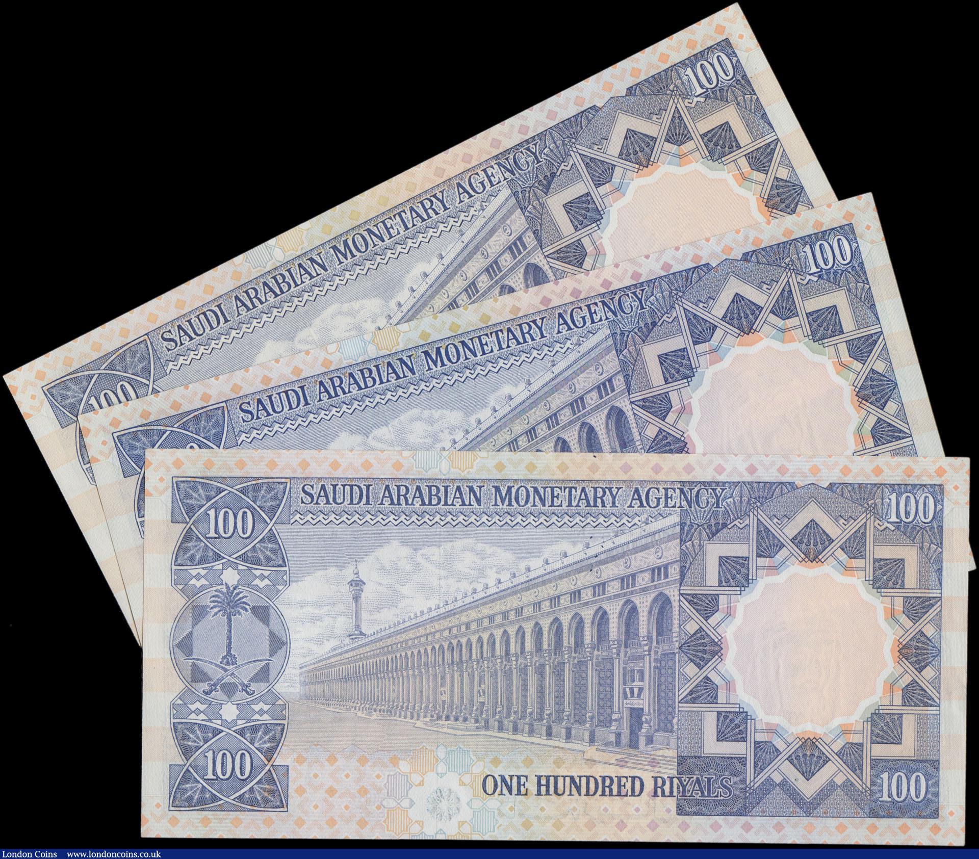 London Coins : A161 : Lot 421 : Saudi Arabia 100 Riyals (3) issued 1976, King 'Abd al-'Aziz Ibn Saud at right, (Pick20), o...