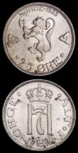 London Coins : A161 : Lot 1288 : Norway (2) 1 Krone 1946 KM#385 Lustrous UNC with a few small spots, 25 Ore 1923 KM#395 UNC and lustr...