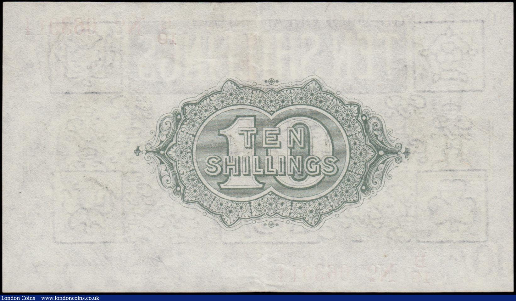 London Coins : A162 : Lot 105 : Bradbury Ten Shillings T20 issued 1918 red serial B/19 063914, No. with dash, (Pick350b), original E...