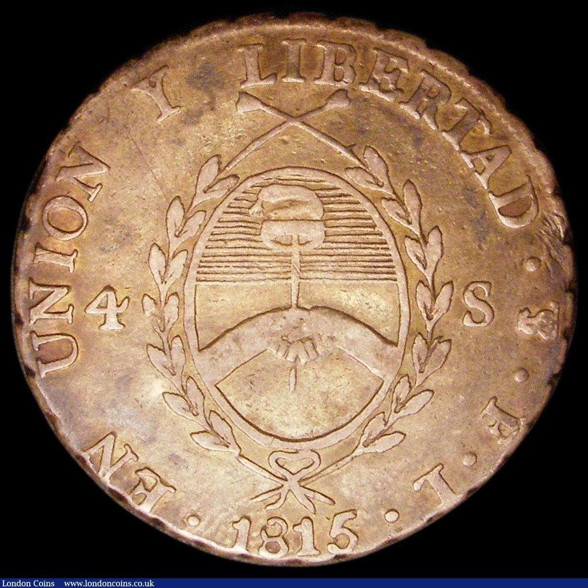 London Coins : A162 : Lot 1114 : Argentina Provincias Del Rio De La Plata 4 Soles 1815 PTS FL Potosi Mint KM#13 Toned NVF/GF, seldom ...