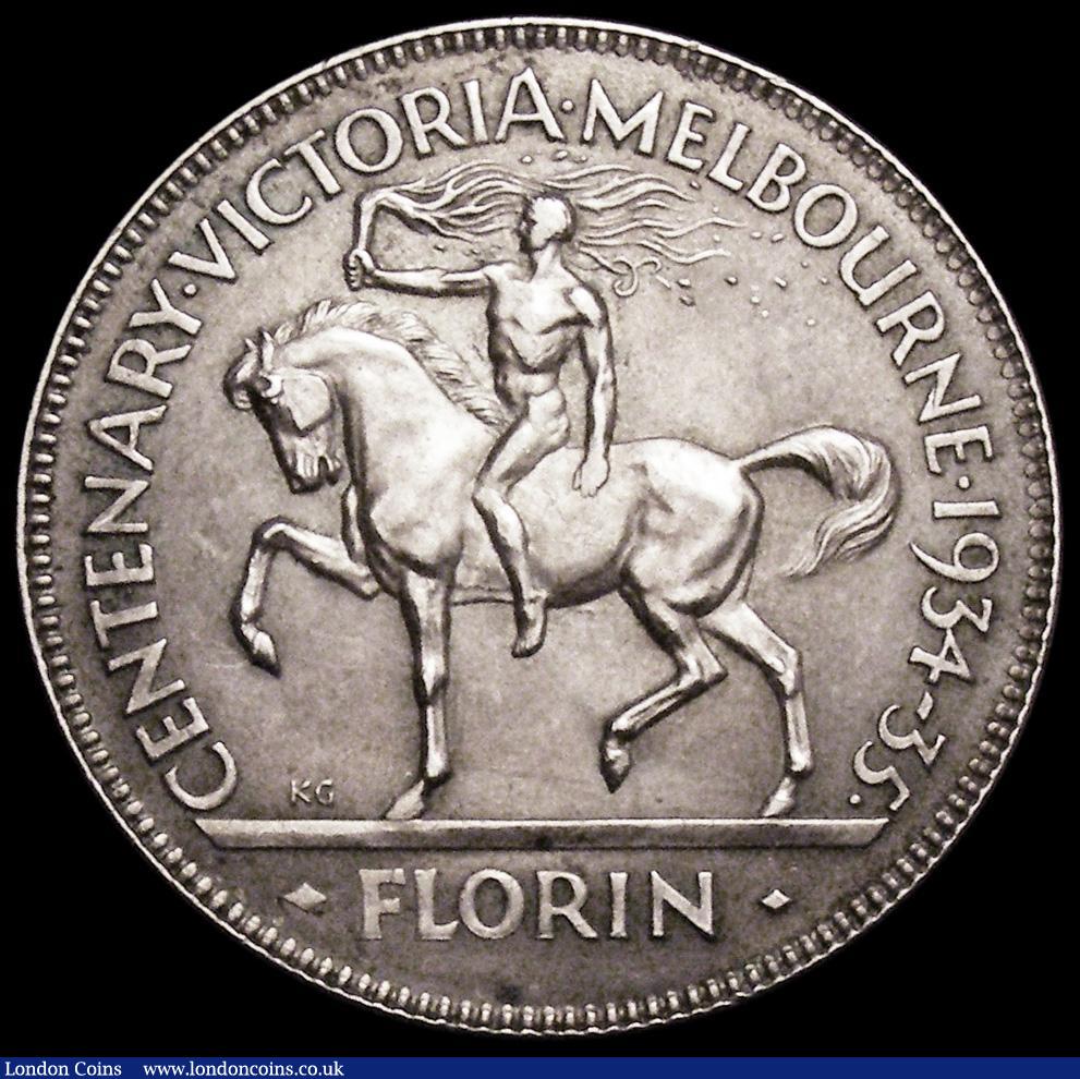 London Coins : A162 : Lot 1116 : Australia Florin 1934-1935 Centenary of Victoria and Melbourne KM#33 EF with small flecks of toning 