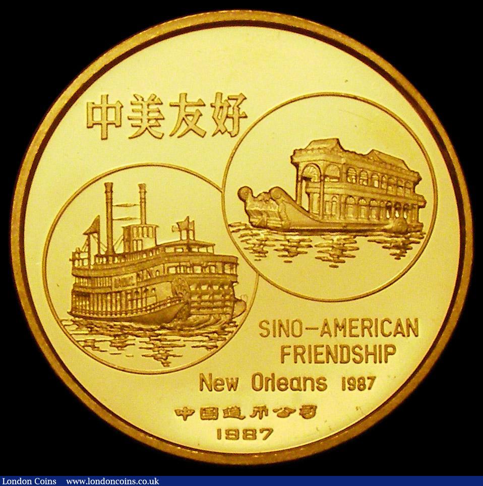 London Coins : A162 : Lot 1143 : China Gold Panda 1987 Sino-American Friendship, New Orleans, Gold One Ounce Proof nFDC with a few ve...