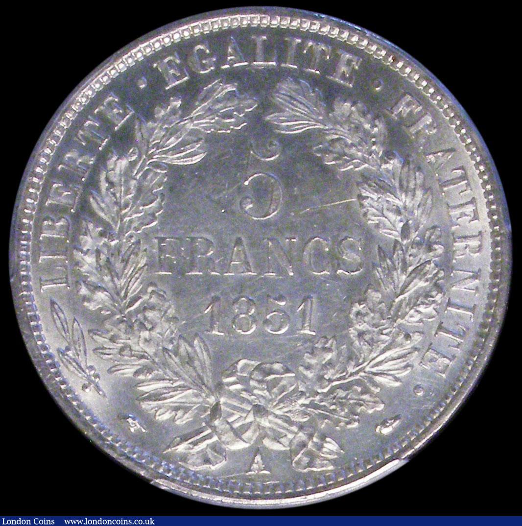 London Coins : A162 : Lot 1159 : France 5 Francs 1851A KM#761.1, Gad-719, Lustrous UNC in a PCGS holder and graded MS62