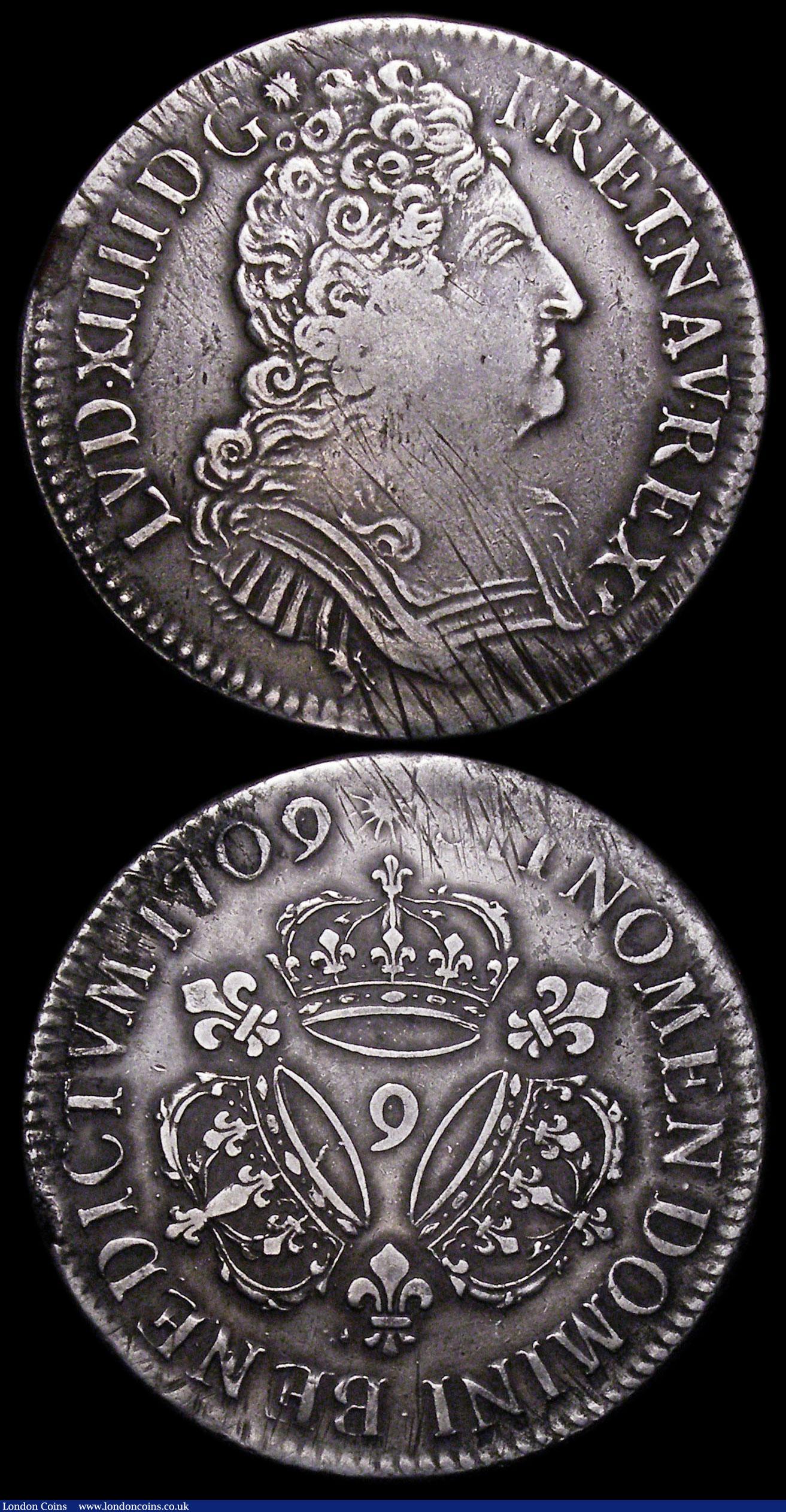 London Coins : A162 : Lot 1160 : France Ecu (2) 1709 Rennes Mint, mintmark 9 KM#386.23 Fine, 1711L Bayonne Mint KM#386.10 VG/Fine, bo...