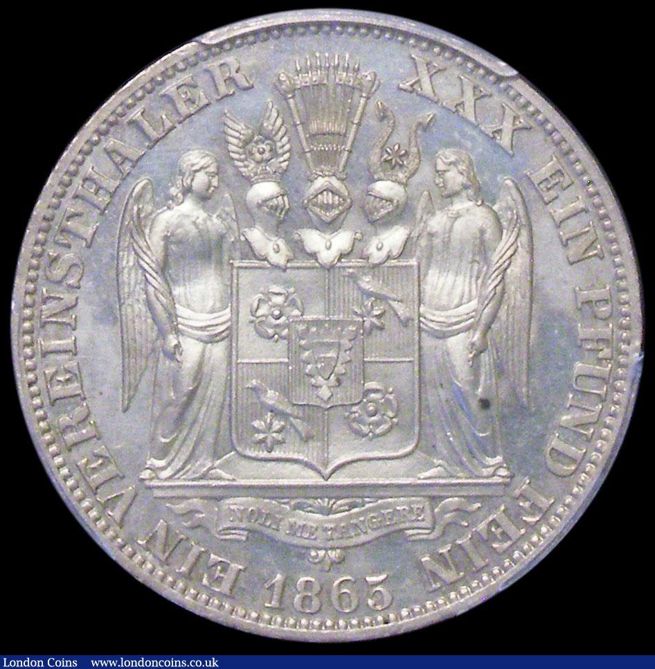 London Coins : A162 : Lot 1165 : German Atates - Schaumburg-Lippe Thaler 1865B KM#47 Lustrous UNC with prooflike fields and hints of ...