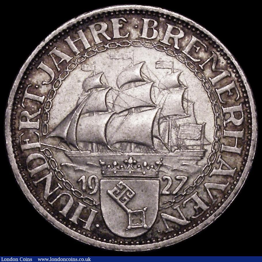 London Coins : A162 : Lot 1190 : Germany - Weimar Republic 3 Reichsmarks 1927A 100th Anniversary of Bremerhaven KM#50 UNC with minor ...