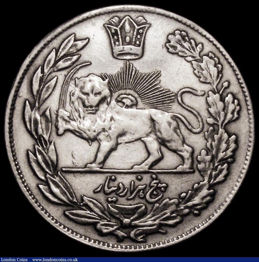 London Coins : A162 : Lot 1216 : Iran 5,000 Dinars AH1327 (1909) KM1017 obverse smoothed VG, reverse Fine edge plain and weighing 22....
