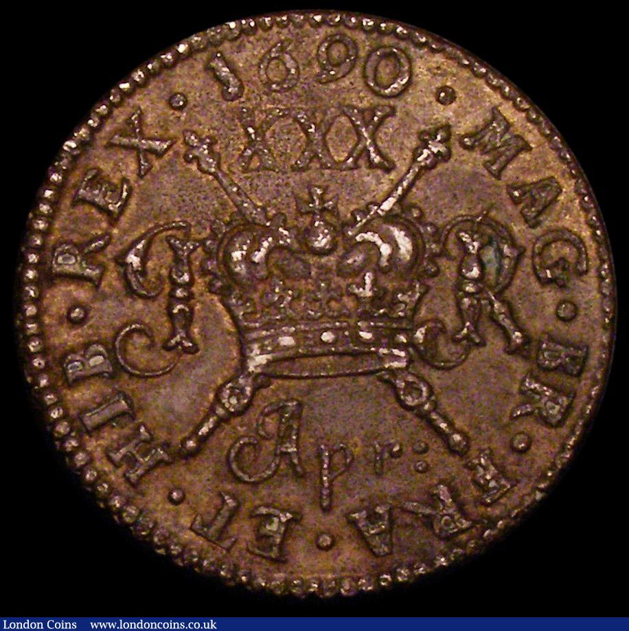 London Coins : A162 : Lot 1217 : Ireland Halfcrown Gunmoney 1690 Apr: Obverse 1, Timmins TB30L-1B EF with some small touches of resid...