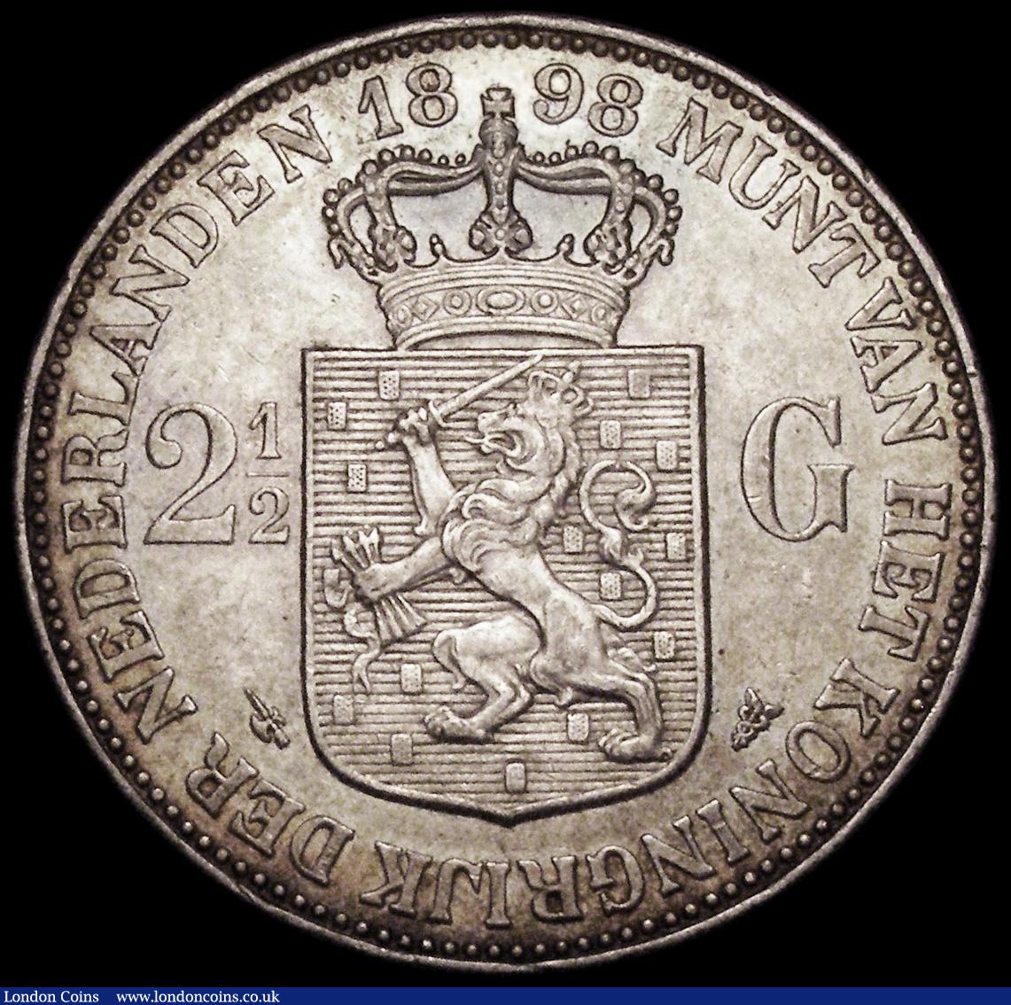 London Coins : A162 : Lot 1246 : Netherlands 2 1/2 Gulden 1898 P.PANDER as KM#123 edge reads GOD ZIJ MET ONS, VF/GVF and attractively...