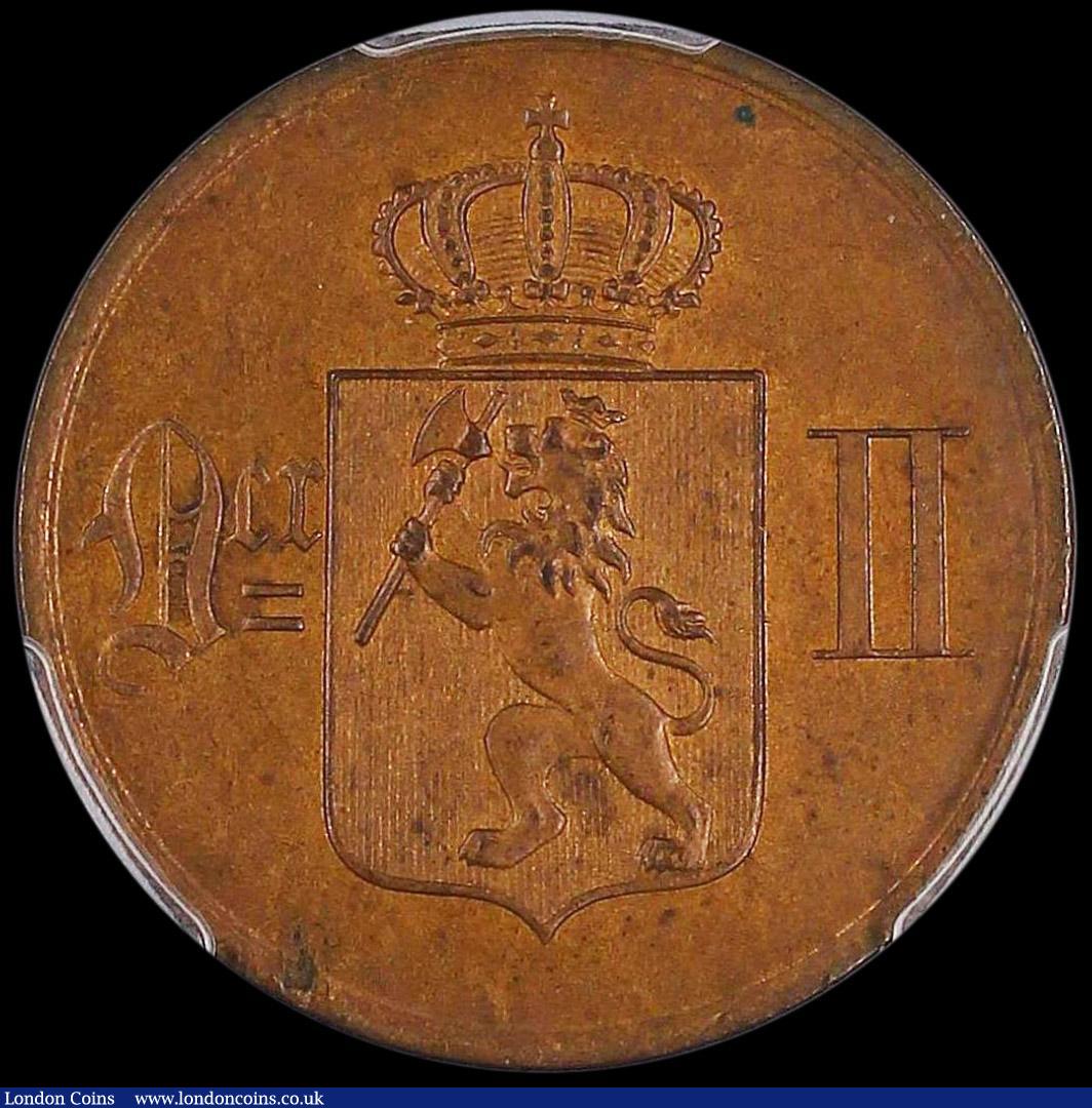 London Coins : A162 : Lot 1252 : Norway 5 Ore 1902 KM#349 Toned UNC, in a PCGS holder and graded MS64 BN