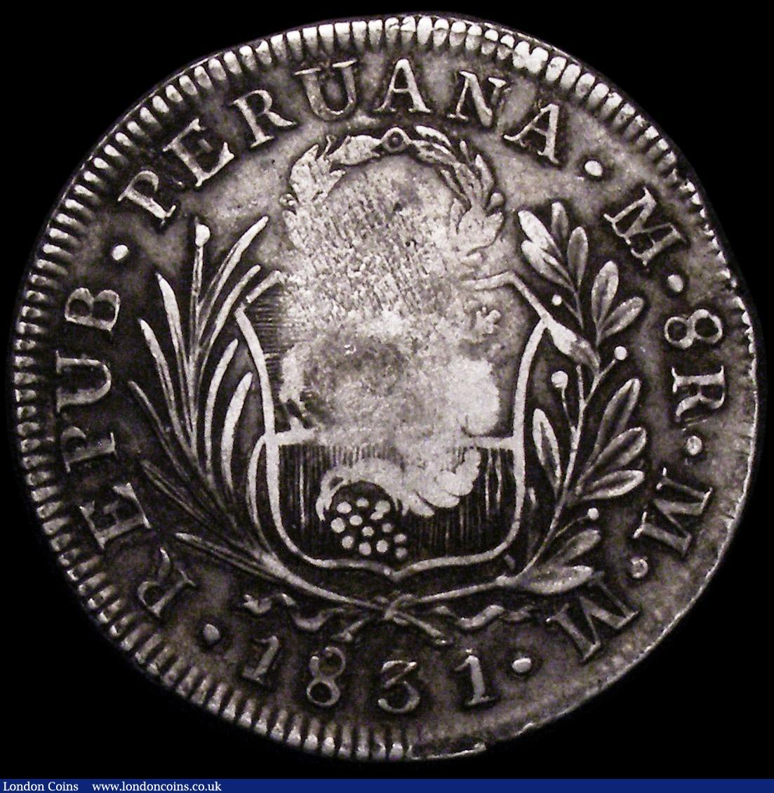 London Coins : A162 : Lot 1259 : Philippines 8 Reales Countermarked Coinage, Crowned F.7.0 on host coin Peru 8 Reales 1831 Lima Mint,...
